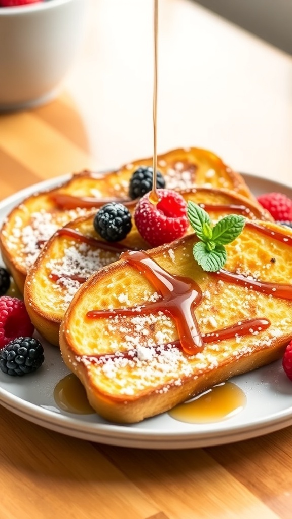 Air Fryer French Toast with White Bread Recipe Golden-brown air fryer French toast with maple syrup and powdered sugar, garnished with berries on a breakfast plate.